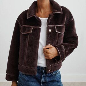 ZAPA Monge Collarless Faux Fur Bomber Jacket Dark Brown Leather Coat 34 / 2 / XS